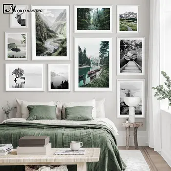 

Scandinavian Black White Nature Landscape Poster Nordic Boat Lake Mountain Print Canvas Wall Art Painting Photography Picture