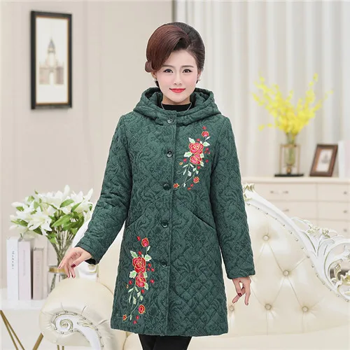 Зимние женские парки с вышитыми цветами, куртка, плюс размер, 5XL, толстовки, женская верхняя одежда среднего возраста, теплые бархатные пальто, одежда - Цвет: Зеленый