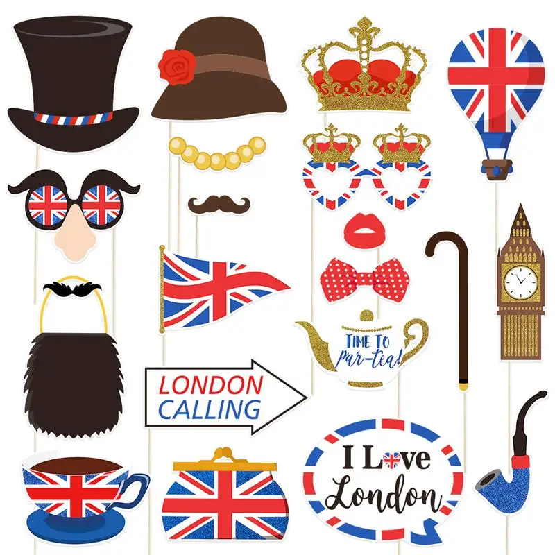 

20PCS UK Flag Photo Booth Props for British National Day Party Decorations