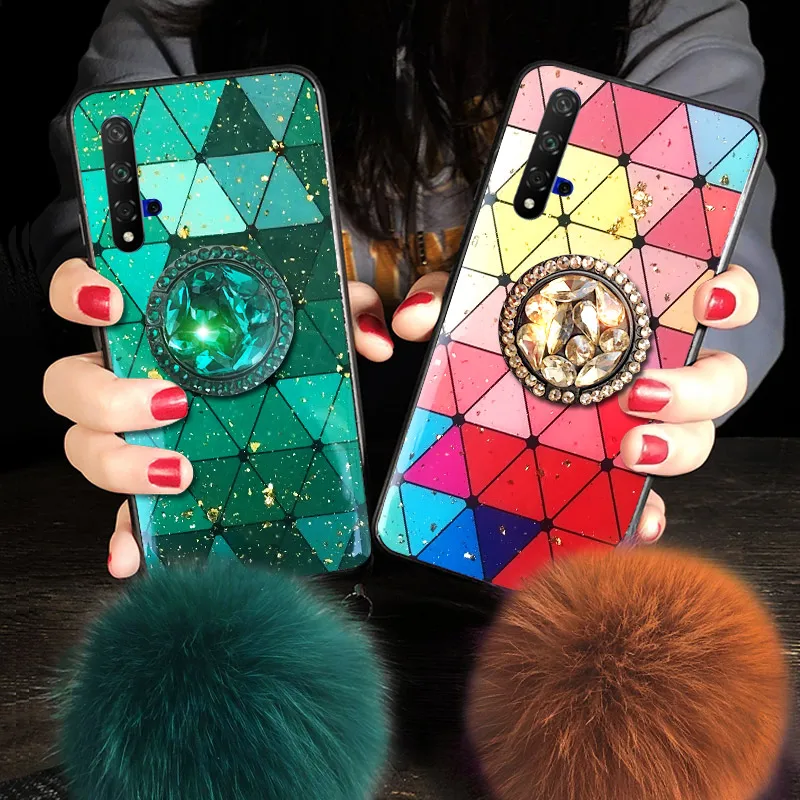 Phone Case For Huawei P20 P30 Pro Emrald Real Fox Fur Hair Ball Wrist Strap Bracket Cover Mate 20 30 20X |