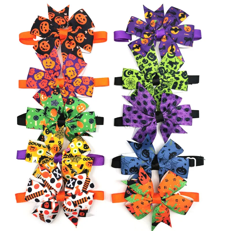 30/50pcs Halloween Pet Bowties Supplies Pumpkin Skull Dog Pet Cat Bow Tie Collar Puppy Bowtie Holiday Grooming Accessories pet dpg cat halloween costume accessories set dog bat hat cat pumpkin collar pet accessories supplies dog cat collars