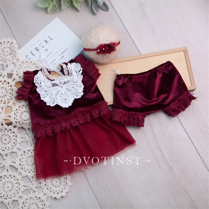 Dvotinst Newborn Baby Girls Photography Props Red Lace Tops Shorts Floral Headband Outfits 3pcs Studio Shooting Photo Props