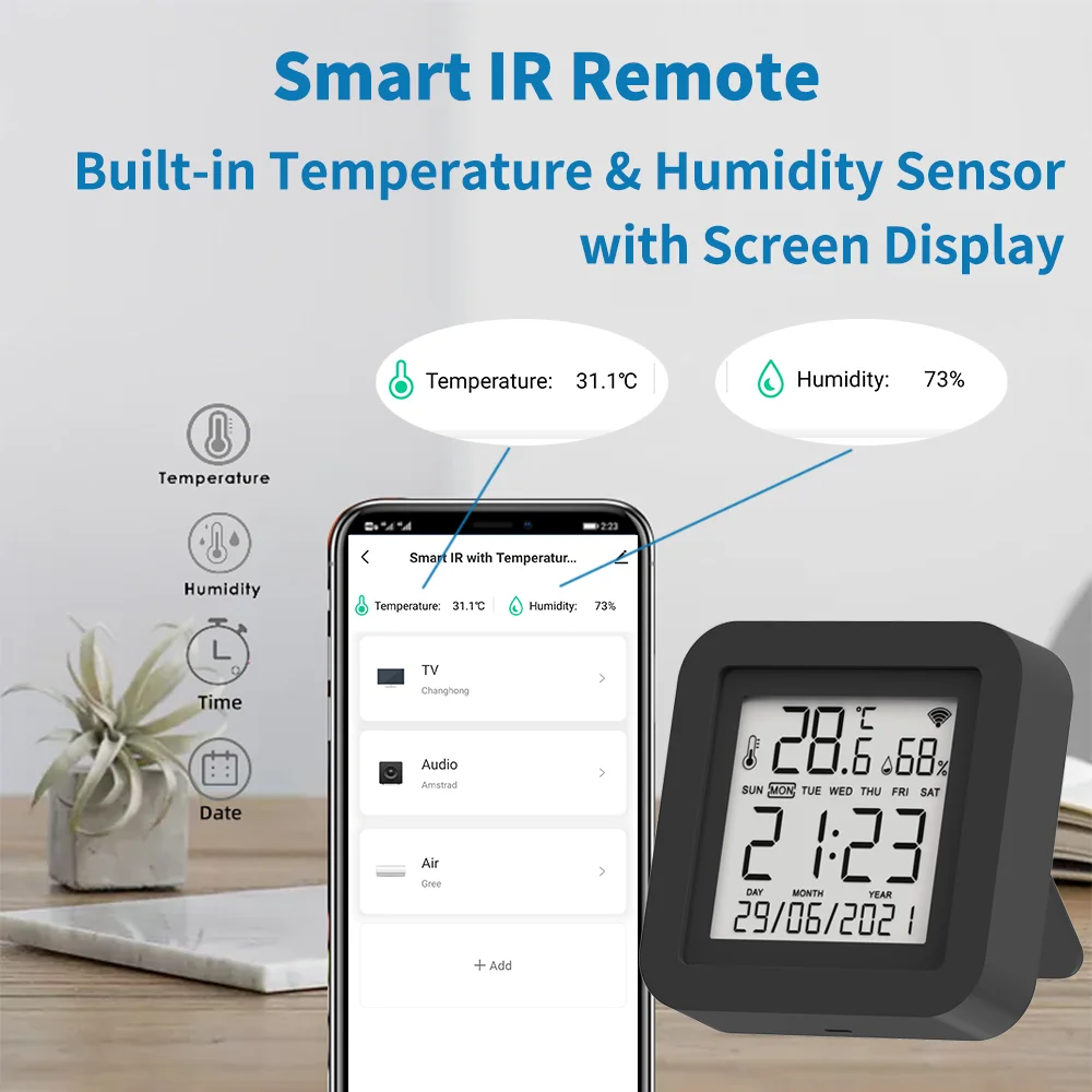 Tuya inteligentne WiFi uniwersalny IR zdalny czujnik temperatury i wilgotności do klimatyzatora TV AC współpracuje z Alexa,Google Home Yandex