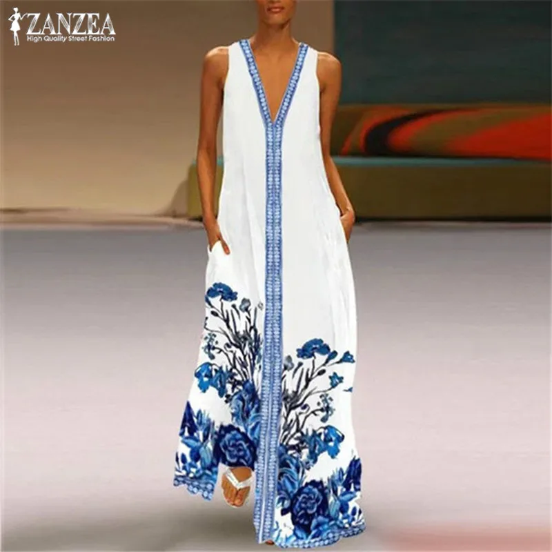 

Bohemian Print Maxi Dress Women's Summer Sundress ZANZEA 2019 Causal Sleeveless V Neck Long Vestidos Female Beach Party Robe 5XL