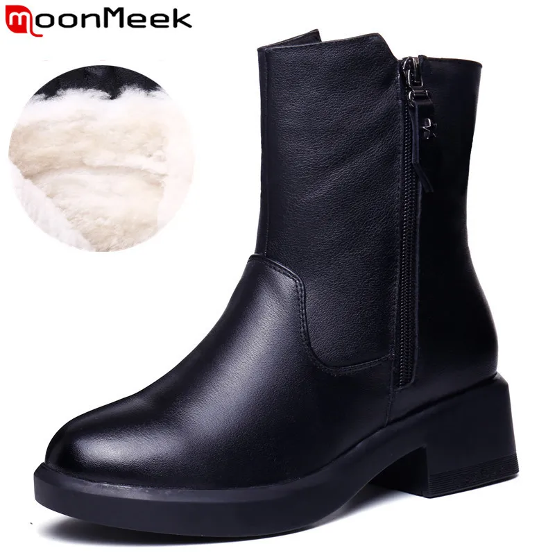 MoonMeek/Размеры 35-40, модные зимние ботинки из натуральной кожи ботильоны на молнии с круглым носком теплые шерстяные зимние ботинки на квадратном каблуке для женщин