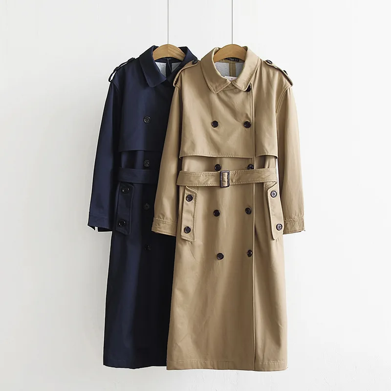 

Top women casual solid color double breasted outwear fashion sashes office coat chic epaulet design long trench