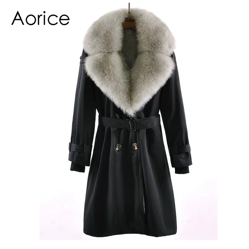 Aorice/Женская куртка с натуральным мехом, Тренч, новые меховые пальто с меховым воротником из лисьего меха, подкладка из кроличьего меха tx22b01