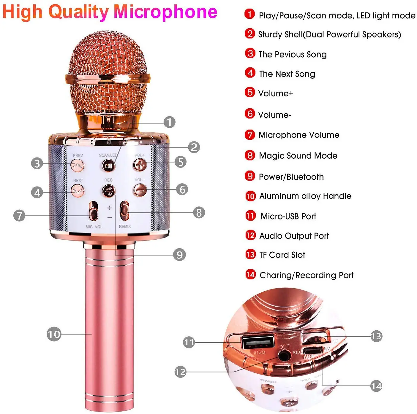 Wireless 4 in 1 Bluetooth Karaoke Microphone, Portable Speaker Machine, Handheld Home KTV Player with Record Function