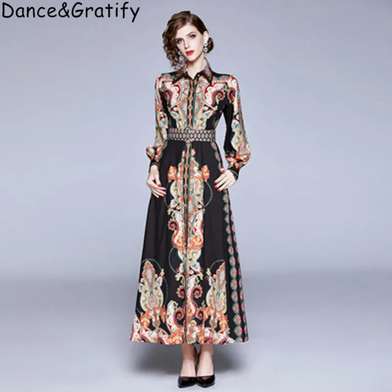 

Runway Designer 2019 Autumn Shirt Dresses Women Long Sleeve Robe Fashion Print Beach Holiday Maxi Dresses Vestdios