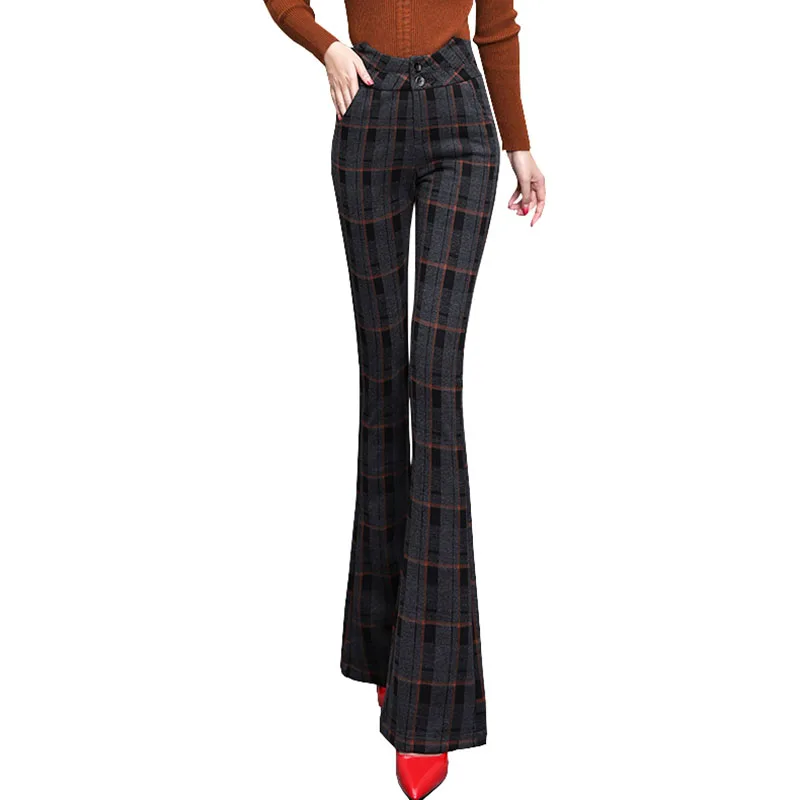 

Winter 2023 Trousers Women New Woolen Wide-leg pants Lady Autumn Thick Casual Flared Pant Street High Waist Plaid Trouser OK1056