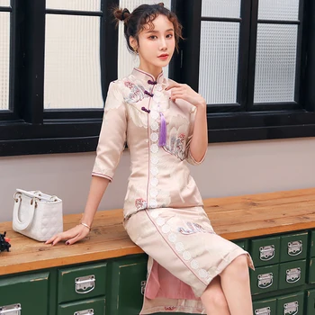 

Retro Art Modified Dress China Wind Erosion Bone Daily Cheongsam nian qing kuan Girls Long Skirt Summer