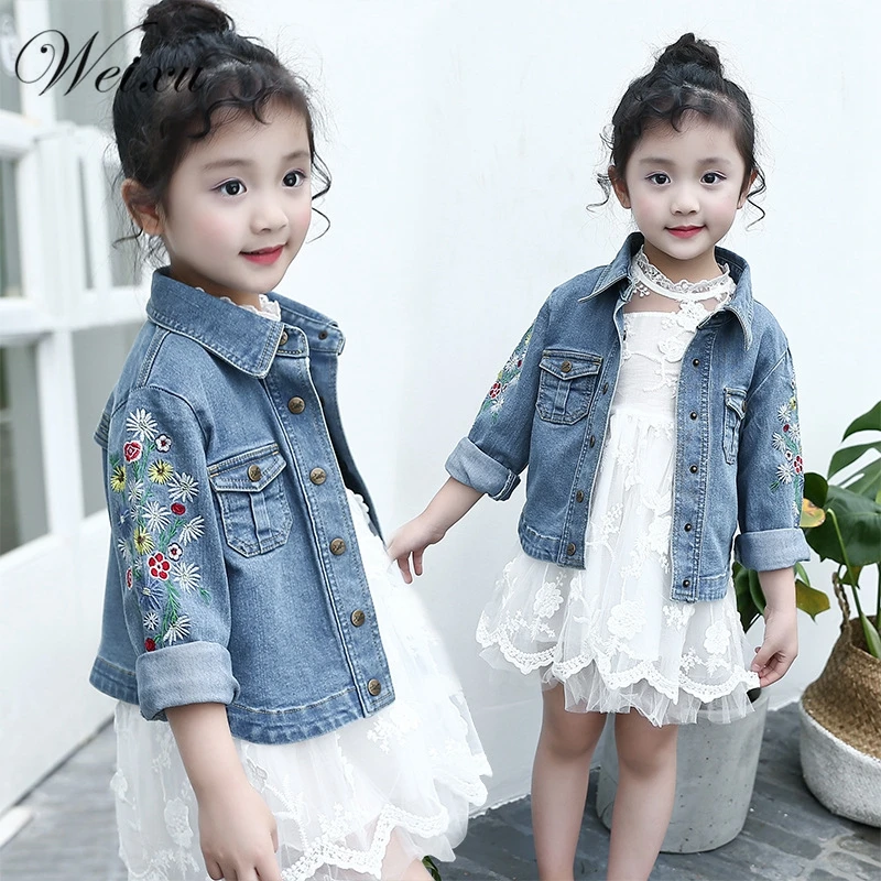 Children's Jeans Jacket for Girls Spring Autumn Kids Flower Embroidery Blue Denim Coat Teenager Outerwear Clothes 3T-14T | Детская