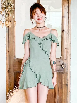 

2019 New Korean Women One Piece Swimwear Solid Color Cross Neckline Flounce Sexy Shoulder-exposed Sling Skirt Swimsuits