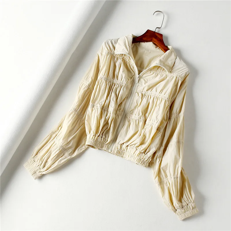 

Ha35 Summer New Style Versitile Fashion Simple Style Pleated Jacket Casual Thin Sun Protection Clothing Short Jacket Women's
