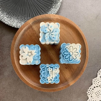 

50g Mooncake Mold 6 Square Flower Stamps Cookie Cutter Hand Press Green Bean Cake Pastry Mould DIY Bakeware S11 20 Dropship