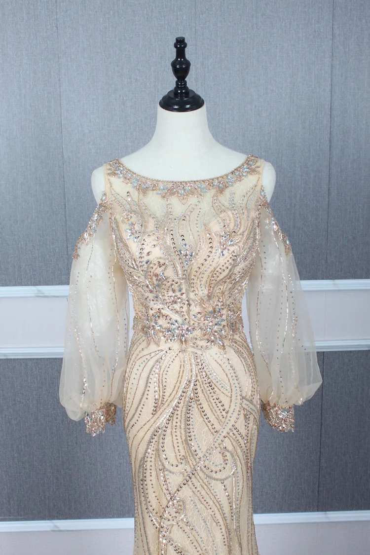 SoAyle Luxury Beaded Evening Dress High-end Dress O neck Mermaid Evening Dresses Long Sleeves Unique Vestido de Festa