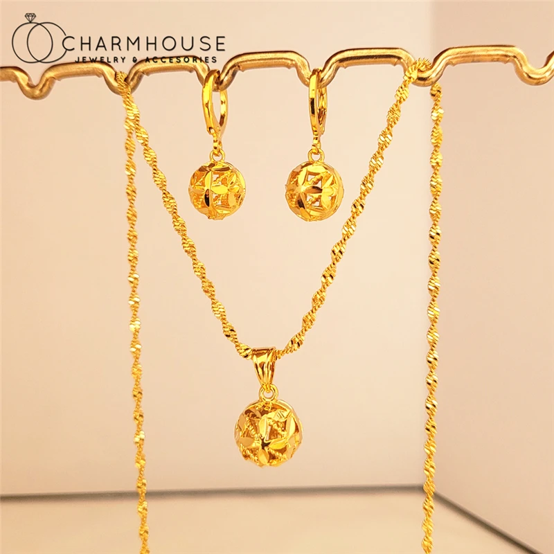 24K Yellow GP Jewelry Sets for Women Round Ball Bead Pendant Necklace Earrings 2 pcs