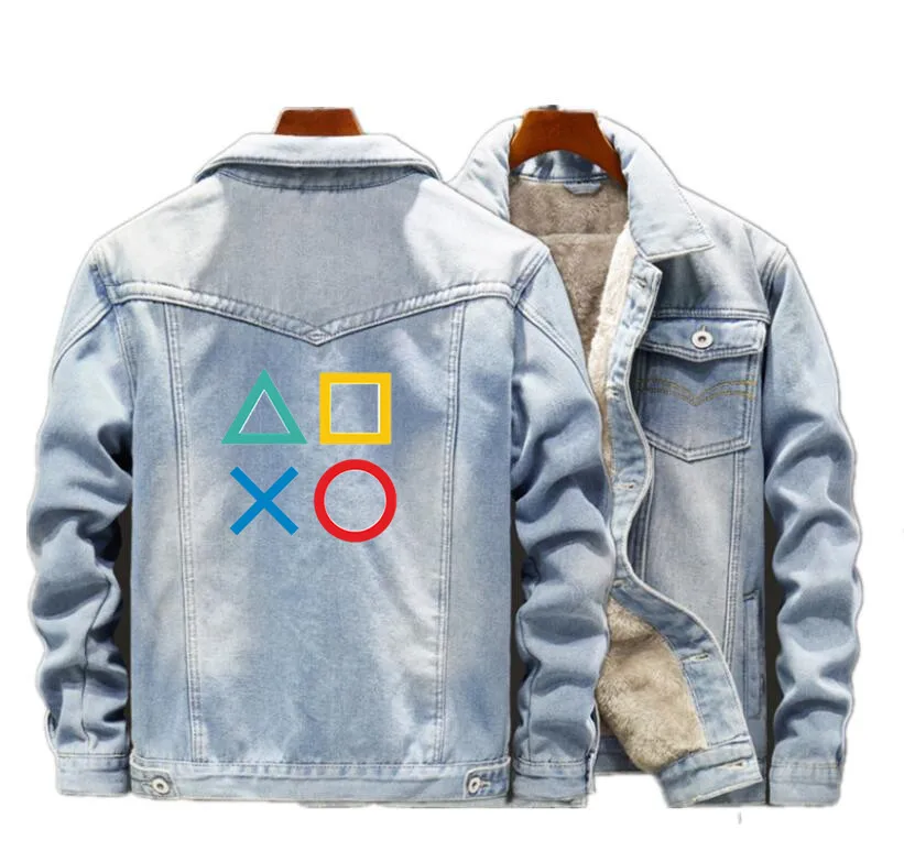 Зимняя мужская теплая флисовая джинсовая куртка для Playstation, модная мужская джинсовая Повседневная куртка-бомбер в стиле хип-хоп, ретро, уличная одежда