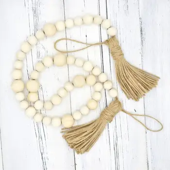 

102cm Wood Bead Garland Farmhouse Rustic Country Style Ornaments Beads with Tassels Wall Hanging Home Decor Crafts