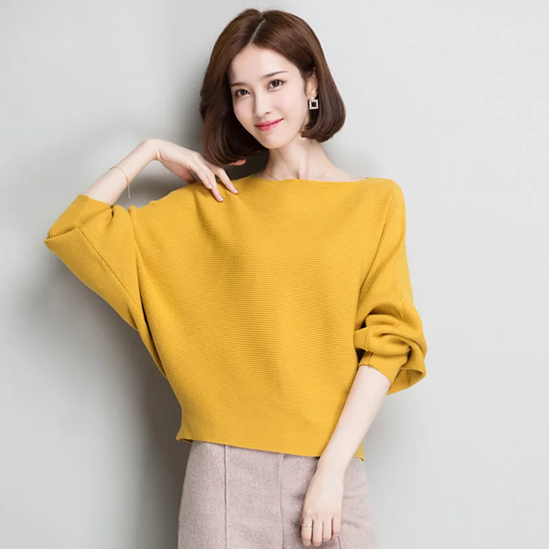 

Batwing Mouw Loose Brain Women Trui Yellow Knit Fashion Female Pull New Collection Stripped Trunks And Trunks