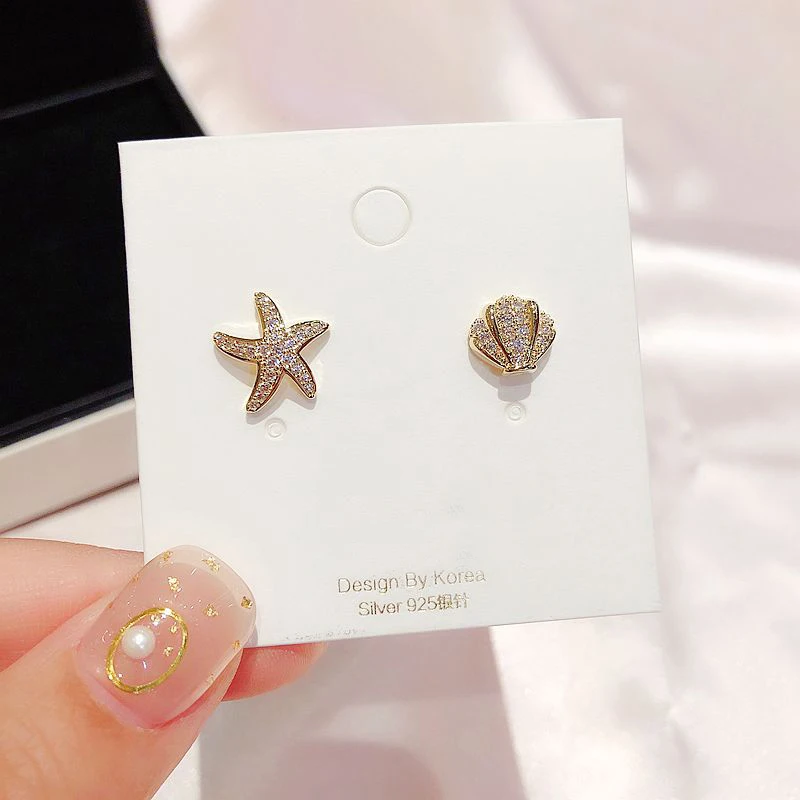 Изысканные серьги-гвоздики с фианитами и кристаллами Морская звезда, модные ювелирные изделия, женские серьги с кубическим цирконием золотого цвета