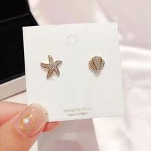 Изысканные серьги-гвоздики с фианитами и кристаллами Морская звезда, модные ювелирные изделия, женские серьги с кубическим цирконием золотого цвета