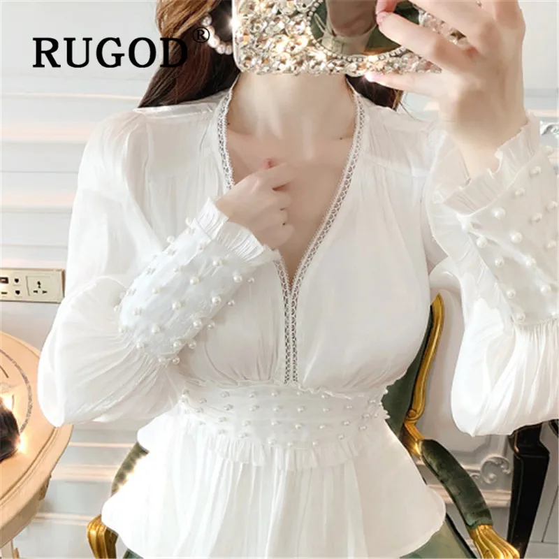 RUGOD Весенняя жемчужная шифоновая блузка, женские блузки с длинным рукавом, милый элегантный топ, корейская модная одежда, женские рубашки на каждый день
