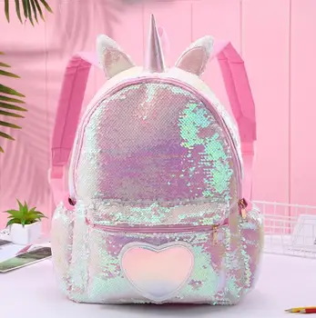 

Girl Sequin Unicorn Backpack Children Large Zipper Unicorn Schoolbag Teenager Hologram Heart Love Backpack For School Travel Bag