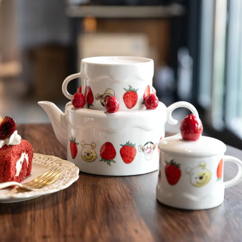 Милый мультяшный чайный набор клубничный из трех частей кружка сахарница для