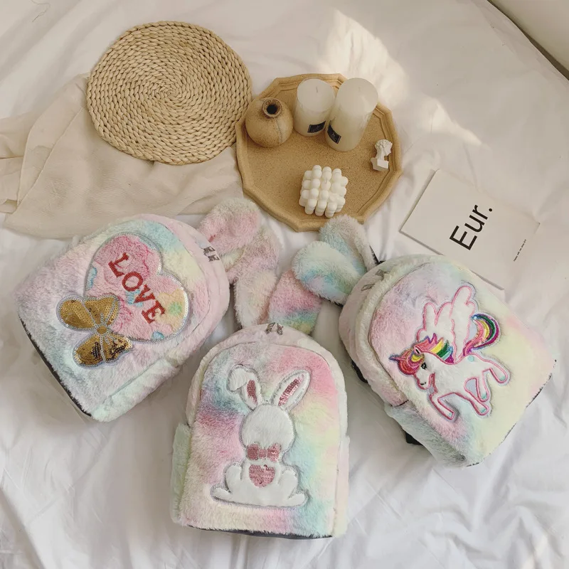 

2019 Children Winter New Style Furry Backpack Cartoon xiao ma xiao Rabbit Parent And Child Bag Colorful Lights CHILDREN'S School