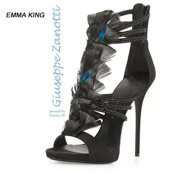 

EMMA KING Summer Fashion Sandals black Feather Studded Crystal Embellished Sanldalias Stage Performance Shoes Women 2020