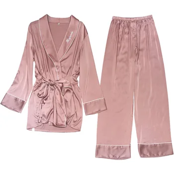 

Wmyqdlq New Spring And Summer Pajamas Women Ice Silk Lapel Solid Color Simulation Female Long-Sleeved Two-Piece Home Service Set