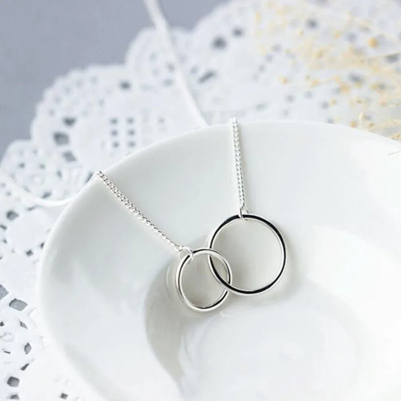 Double Circle Interlock Clavicle Short Necklace Silver Color Necklace For Women - Image 5