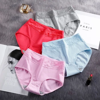 

2020 New Products Pure Cotton Women Underpant Mid-Waist Lace Panties Female Intimate Solid Color Underwear Breathable Briefs