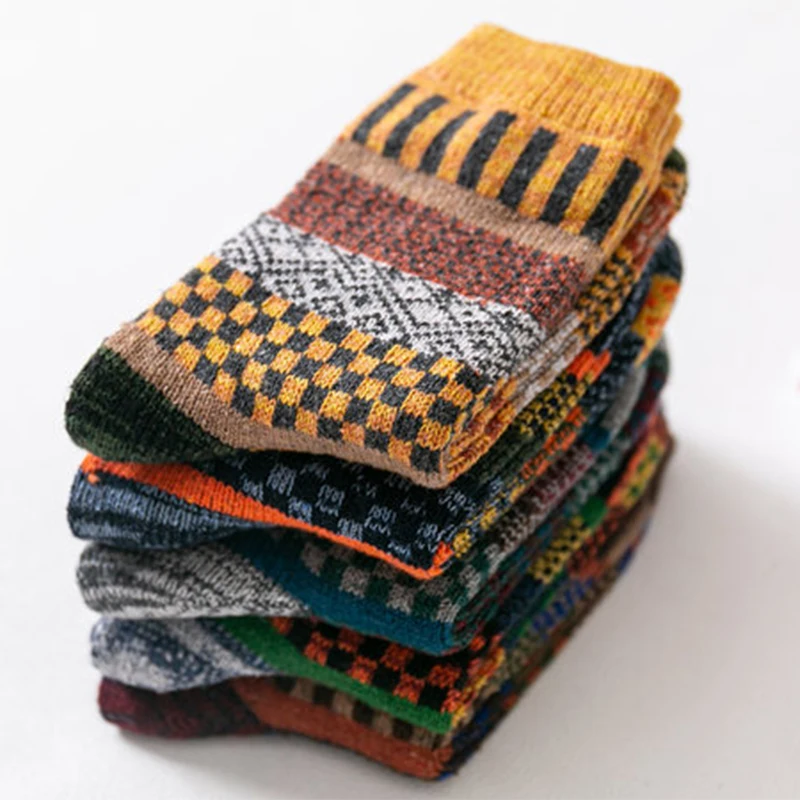 10PCS Men Socks Autumn Winter Thicken Warm Harajuku Retro Fashion Casual Wool Cotton Snow Sock