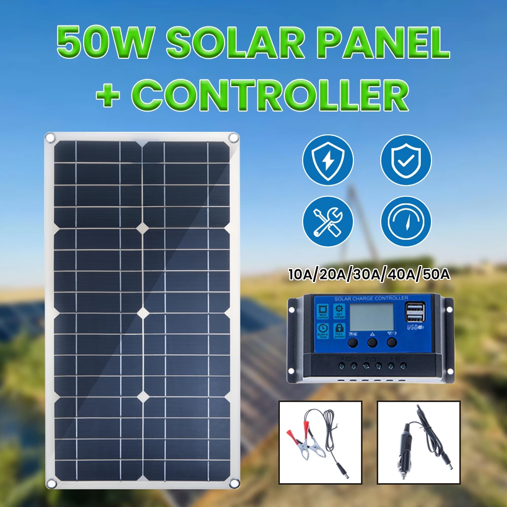 50W Solar Panel Dual USB Output Solar Cells mono 10/20/30/40/50A Controller for Car Yacht 12V Battery Boat Charger