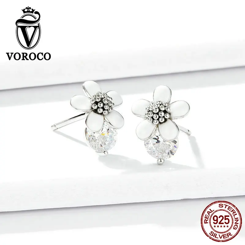Voroco настоящий 925 пробы, серебряные серьги-гвоздики, цветок ромашки, милые серьги в Корейском стиле, хорошее ювелирное изделие для женщин BNE282