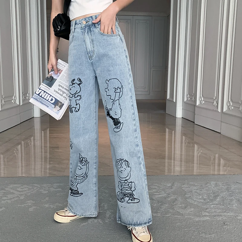Новые осенние джинсы женские милые джинсы для собак винтажные прямые брюки с высокой талией свободные широкие брюки хлопковые повседневные женские джинсовые брюки