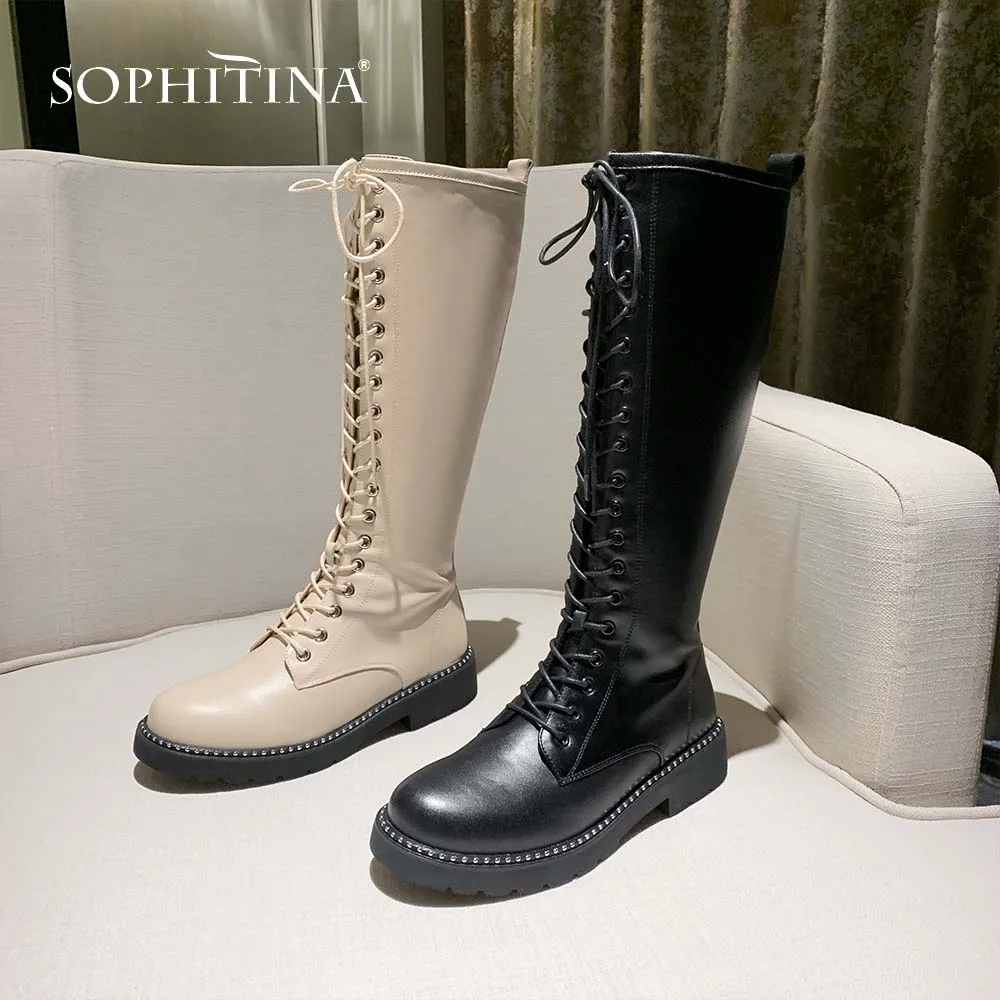 SOPHITINA/однотонные специальные женские ботинки; Новинка; модная удобная обувь из коровьей кожи с круглым носком на квадратном каблуке; классические ботинки на шнуровке; MO270