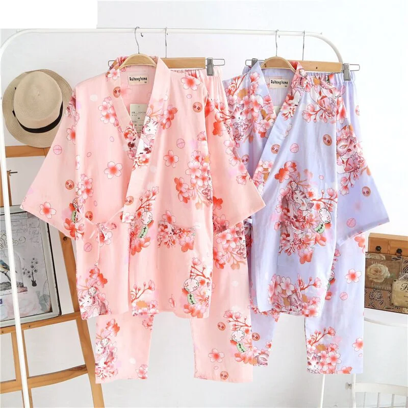 

Fresh Flower 100% Cotton Comfortable Japanese Kimono Women Pajamas Sets Short Sleeve Khan Steam SPA Robes Women Pyjama Femme