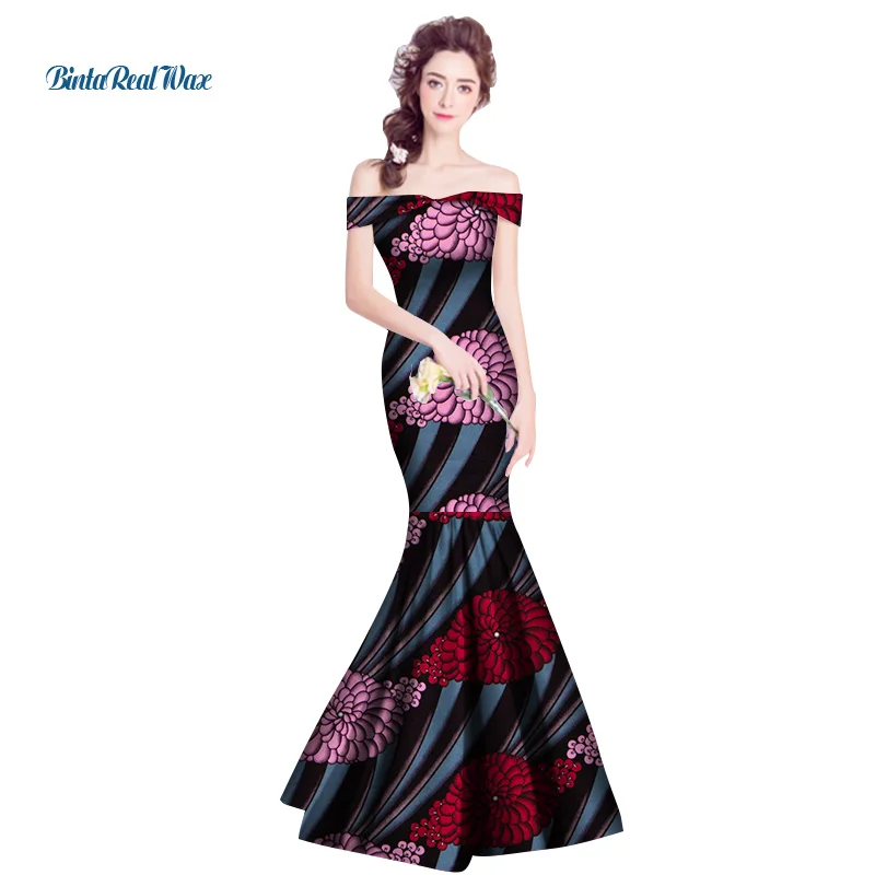 Африканские платья с принтом для женщин Vestidos Bazin Riche Цветочное платье русалки с вырезом лодочкой платье размера плюс африканская женская одежда WY2834 - Цвет: 17
