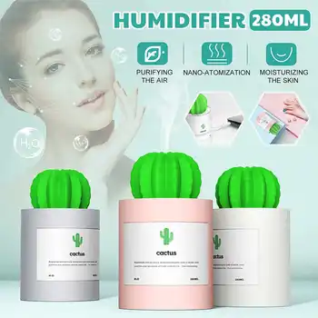 

280ML Mini Air Humidifier Cactus Shape Fogger Nano-spray Essential Oil Diffuser Mist Maker For Home Car USB Charging Silent