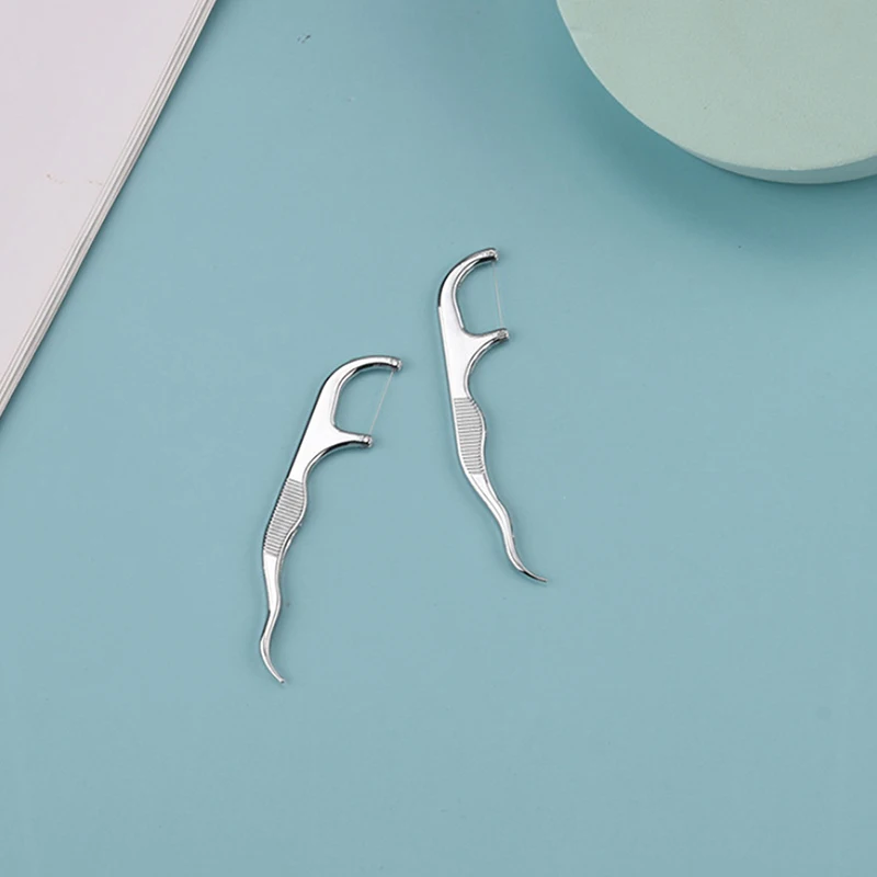 1set Stainless Steel Toothpick With Box Dental Floss Reusable Flossing