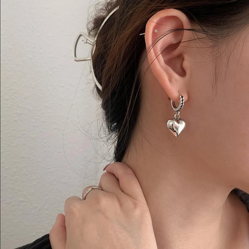 Women Silver Color Hoop Earrings Vintage Accessories Little Bear LOVE Heart Asymmetric Party
