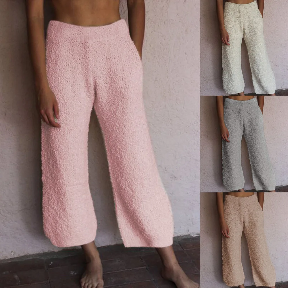 Loose Casual Straight Plush Capri Pants Women Home Wear Grey Pink Calf-Length Elastic Waist Trousers Warm Sleepwear Pant Winter Loose Casual Straight Plush Capri Pants Women Home Wear Grey Pink Calf-Length Elastic Waist Trousers Warm Sleepwear Pant Winter