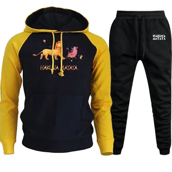 

The Lion King Streetwear Cartoon Print Autumn Winter 2019 Hoodies Raglan Men Suit Casual Pullover Funny Hooded+Pants 2 Piece Set