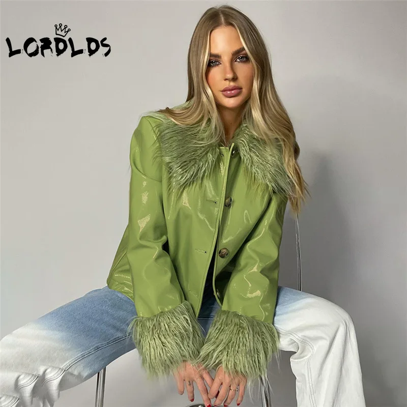 Женская кожаная куртка LORDLDS с меховым воротником осенне-зимнее пальто черного и