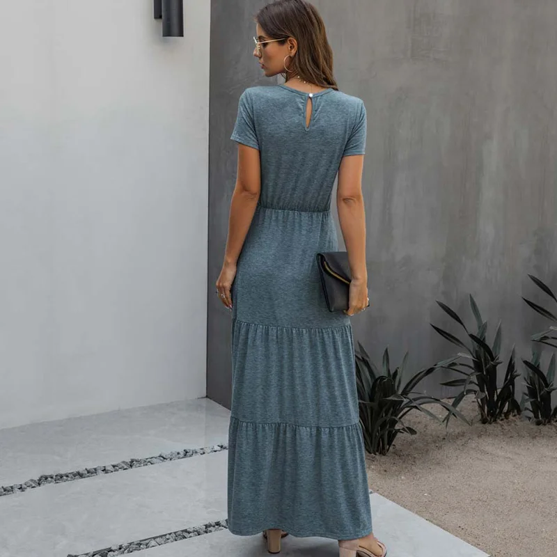 2021 Long Summer Party Dress Women Pleated Elegant Maxi Dress Sundress Women Floor Length Short Sleeve Casual Robe Femme