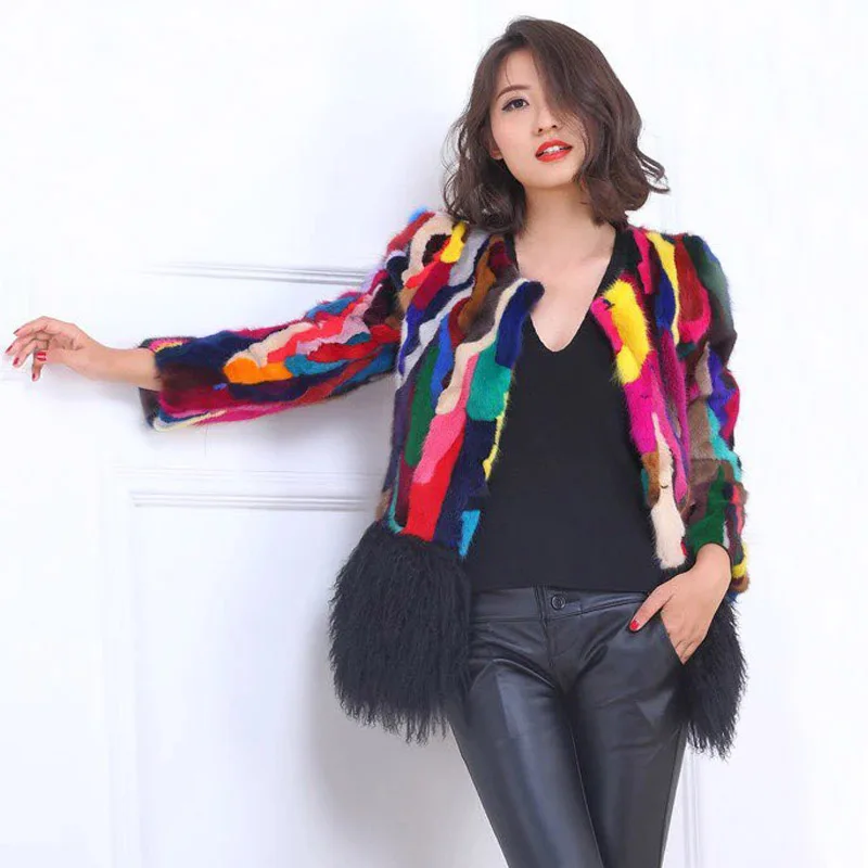 Разноцветная цветная шуба из меха норки с мехом монгольской овцы женская зимняя