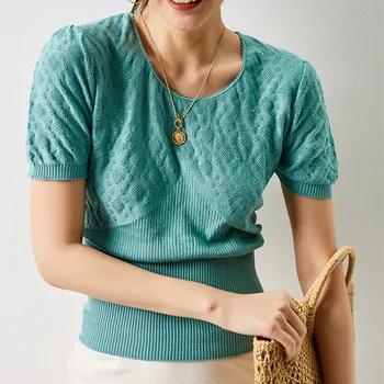 

Women's Short Puff Sleeve Knitted Sweater O-neck Slim Solid Color Top Lady Solid Color Pull